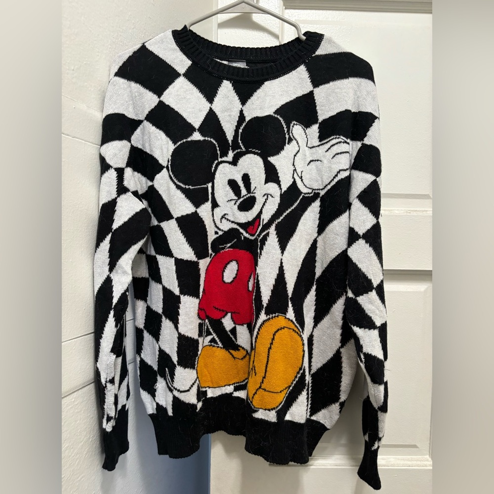 NWT black & white checkered crew neck Mickey Mouse sweater XL